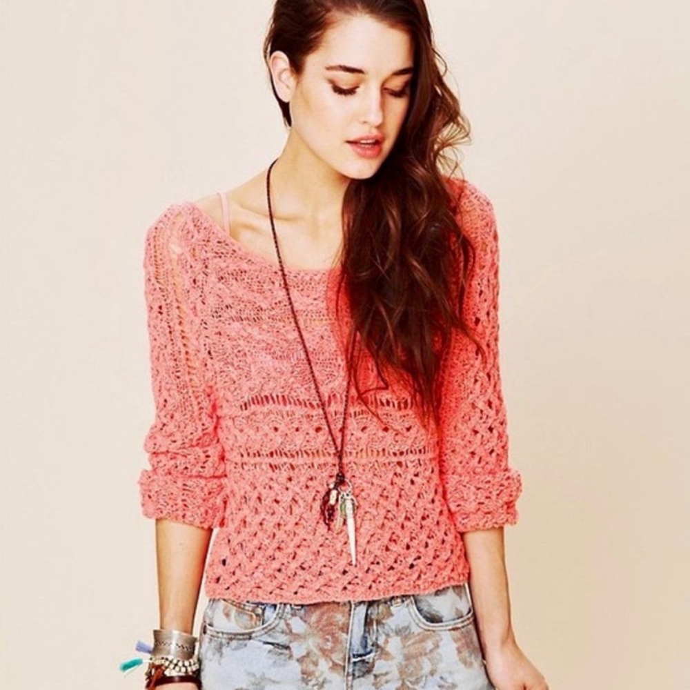 Free People coral open knit sweater